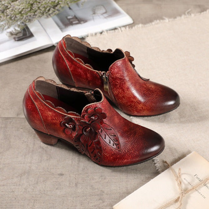 Womens Genuine Leather Heeled Boots Boho Vintage Shoes