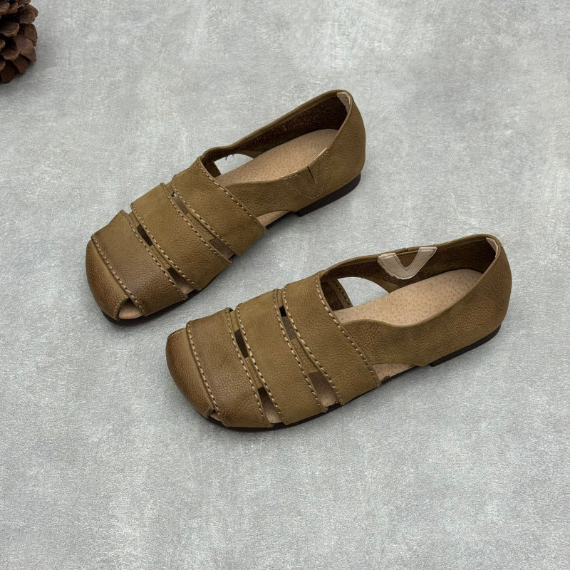 Women's Leather Hollow-Out Fisherman Sandals Casual Summer Retro Square Toe Shoes