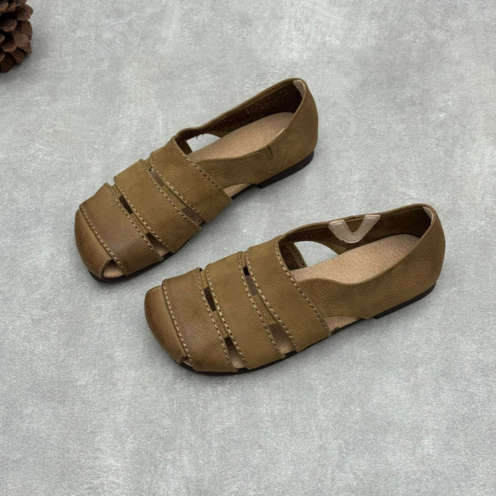 Women's Leather Hollow-Out Fisherman Sandals Casual Summer Retro Square Toe Shoes