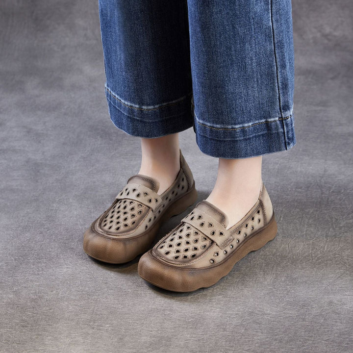 Women's Summer Leather Slip-on Flats — Cutout & Breathable Design