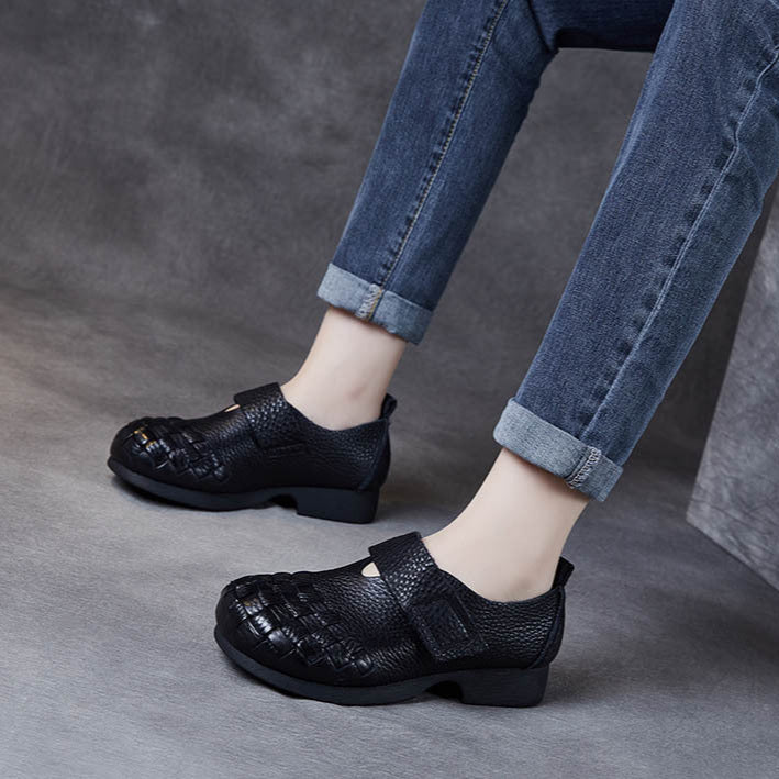 Women's Woven Leather Wide Toe Low Heel Velcro Casual Shoes