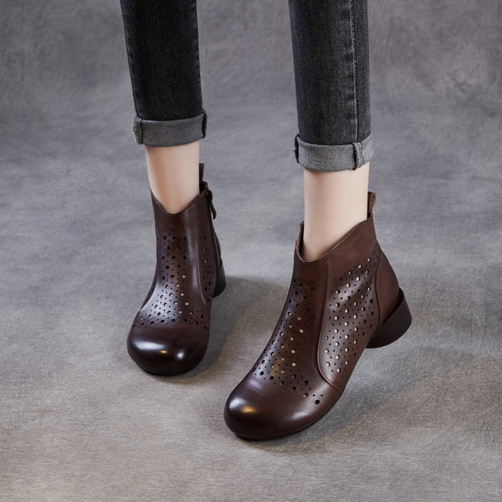 Women’s Summer Breathable Cut-Out Leather Boots – Retro Mid Heel Sandals