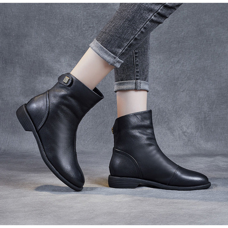 Women's Genuine Leather Short Boots – Minimalist Design with Zipper Closure