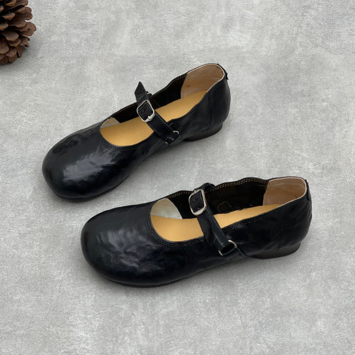 Women’s Handmade Sheepskin Mary Jane Flats – Vintage Round Toe Slip-On Shoes
