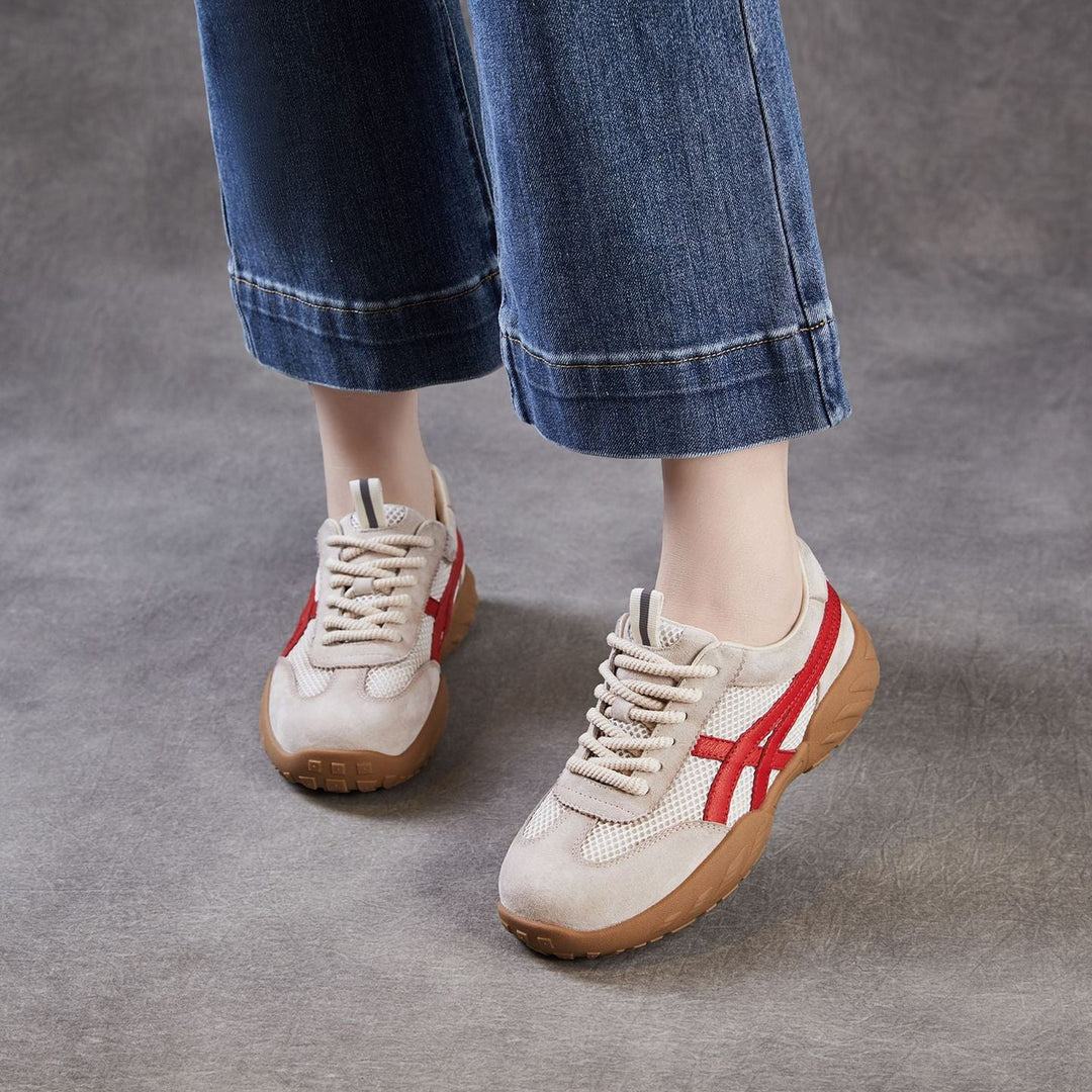 Womens Retro Mesh Running Sneakers Vintage Leather Lace-up Chunky Trainers