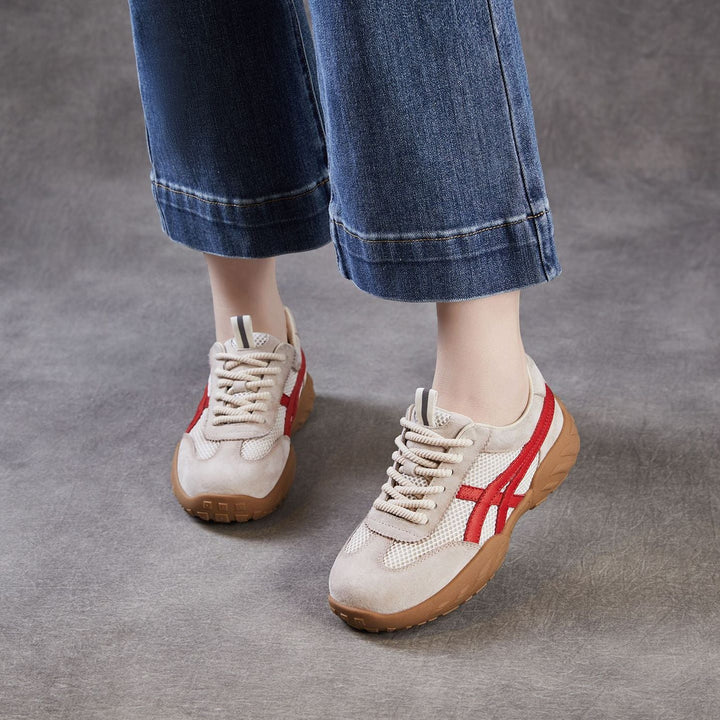 Womens Retro Mesh Running Sneakers Vintage Leather Lace-up Chunky Trainers