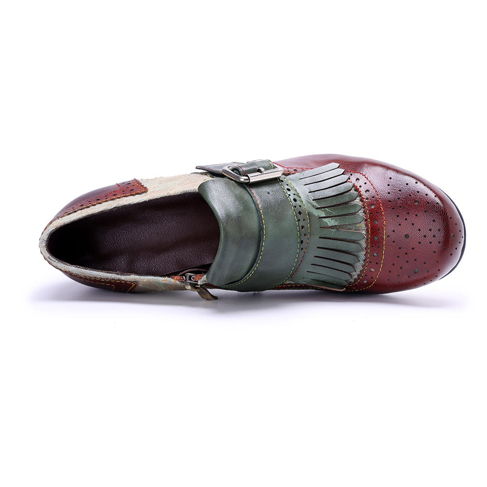 Women's Vintage Kiltie Fringe Block Heel Loafers Jacquard Sheepskin Slip On Shoes