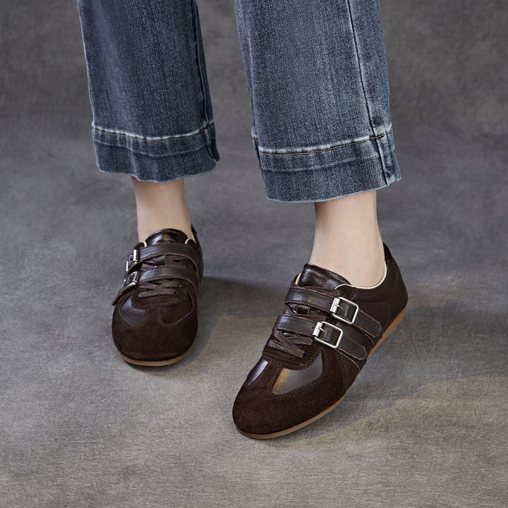 Women's Genuine Leather Double Buckle Strap Sneakers Retro Slip-on Flat Shoes
