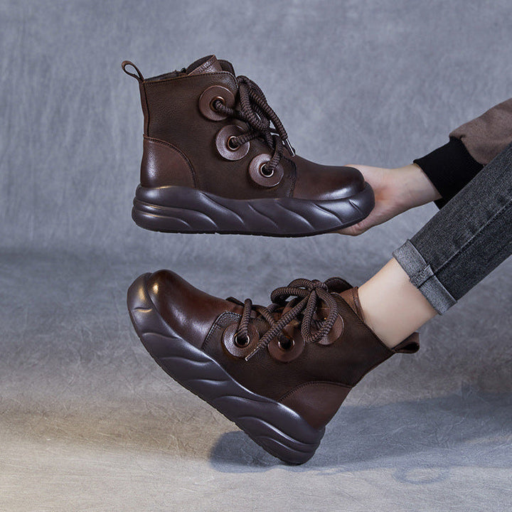 Women's Genuine Leather Lace-Up Ankle Boots – Casual Platform Chunky Sole