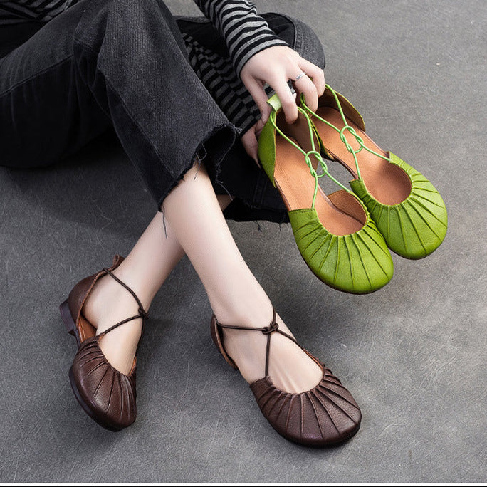 Women's Pleated Cowhide Flats - Summer Breathable Mary Janes - Elastic Cross-Strap