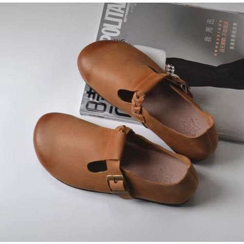 Women's Wide Round-Toe Genuine Leather Soft Flat Casual Shoes