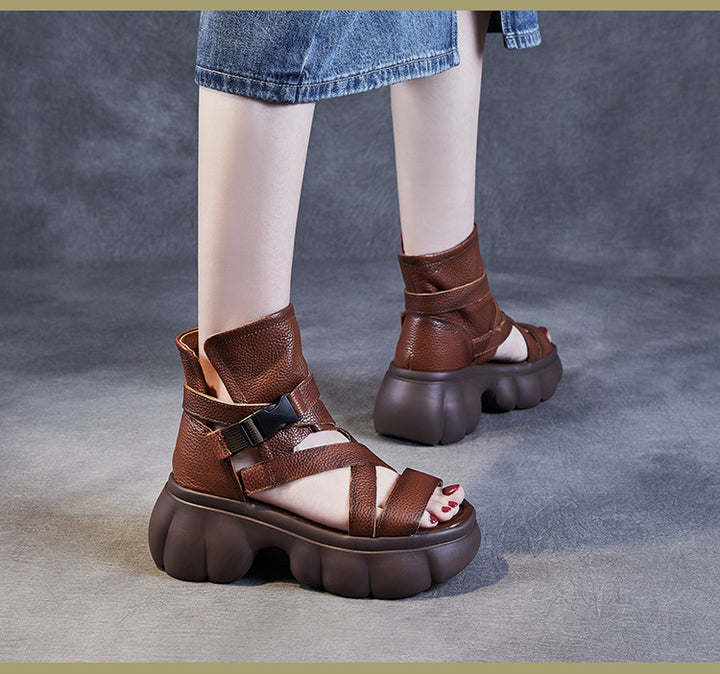 Women's Leather Sandals Boot - Platform Chunky High Heel Gladiator Booties, Elastic Strap Open Toe Summer Shoes