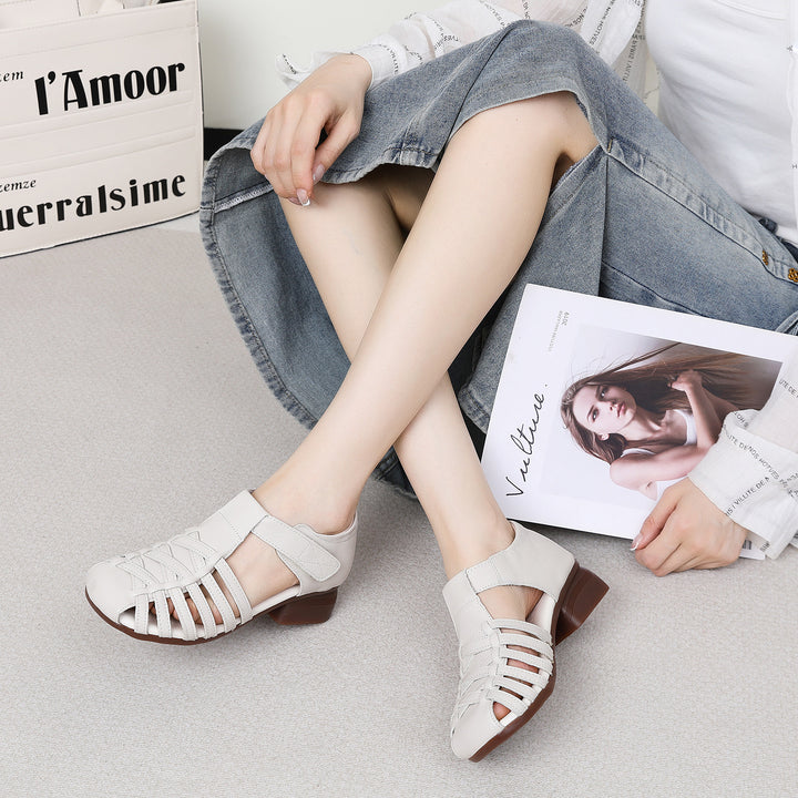 Women's Leather Fisherman Sandals - Vintage Interlocking Woven Closed Round Toe with Velcro