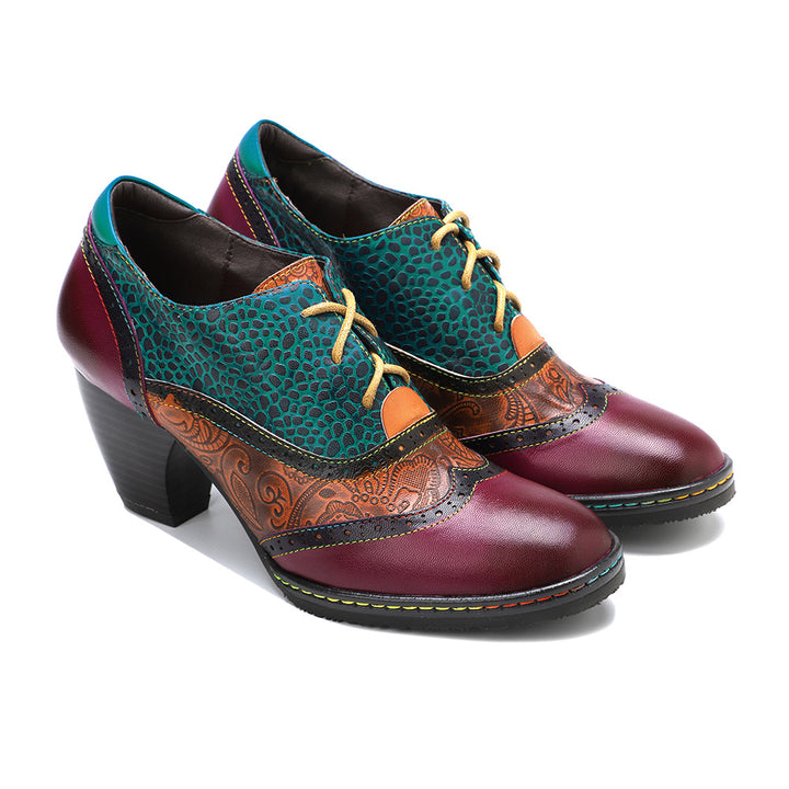 Women's Vintage Patchwork Sheepskin Oxford Pumps Square Toe Lace Up Chunky Heel Shoes