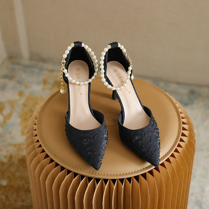 Women's Pearl Wedding Shoes for Bride High Heels Pointed Toe Satin Pumps