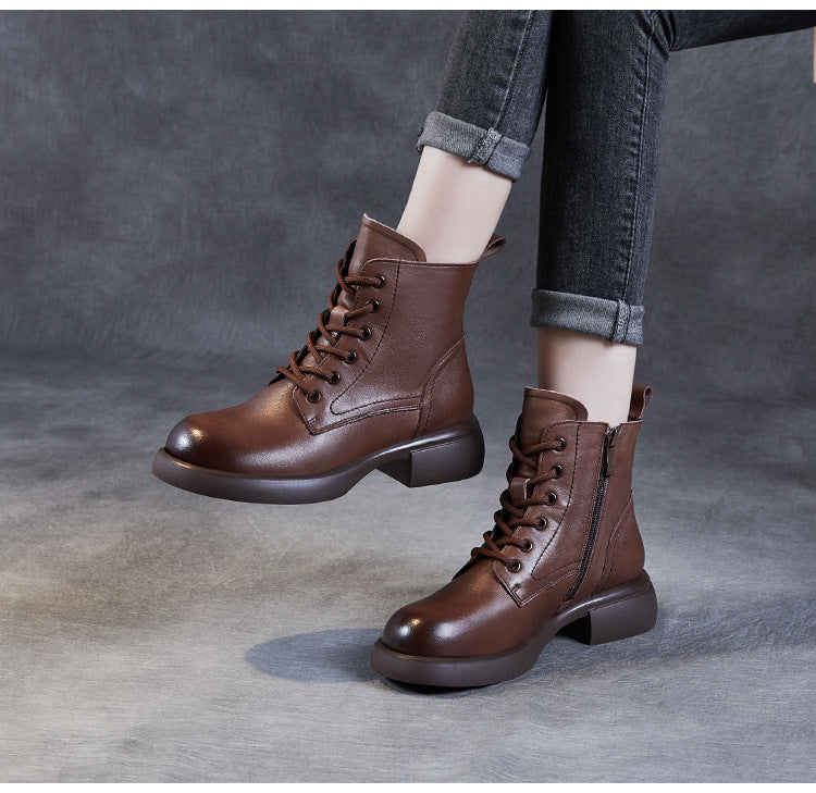 Women's Genuine Leather Lace-Up Side Zip Ankle Boots – Casual & Versatile
