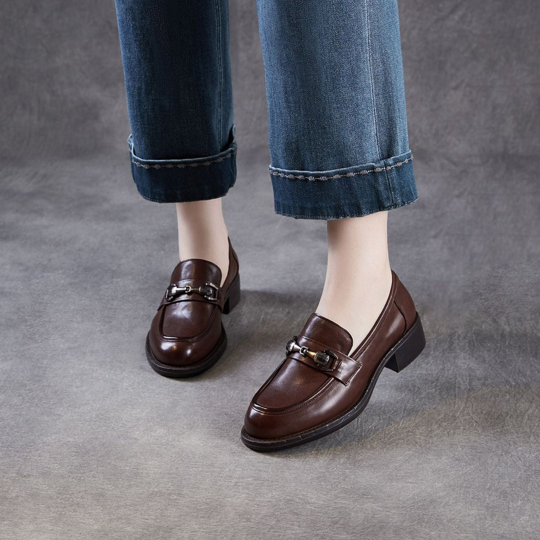 Women's Genuine Leather Casual Shoes Spring Fall Dress Buckle Slip-on Loafers