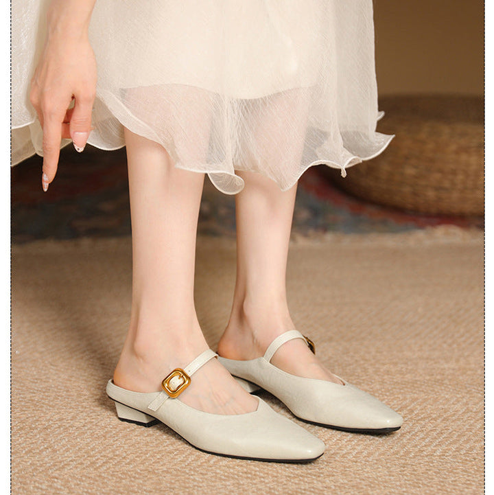 Women's Mary Jane Mules - Square Toe Gold Buckle Low Kitten Heel Slides
