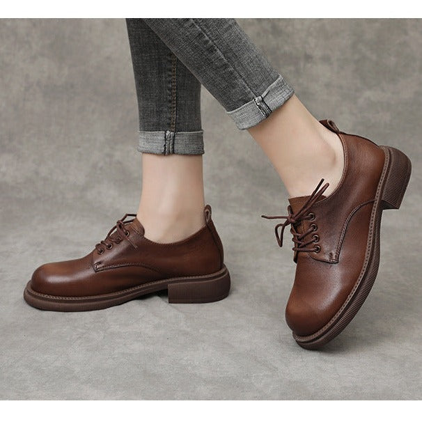 Women Flat Retro Genuine Leather Casual Loafers Lace-up Shoes