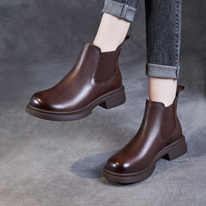 Women's Leather Short Boots – Chelsea Style Chunky Heel Comfort Shoes