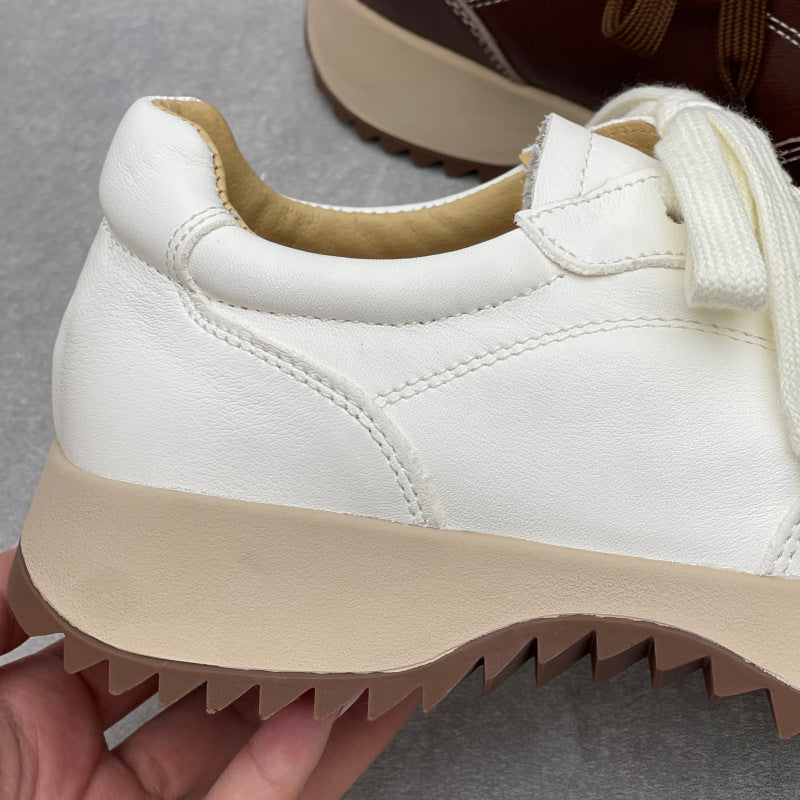 Women’s Retro Leather Chunky Dad Trainers – Round Toe Lace-Up Casual Sneakers