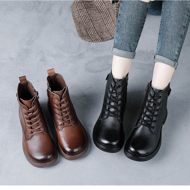 Women’s British Style Leather Lace-Up Ankle Boots – Retro Block Heel Boots
