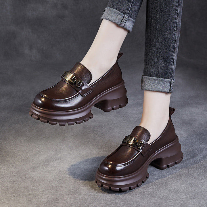 Women's Genuine Leather Platform Loafers - Chunky Heel with Metallic Hardware Details