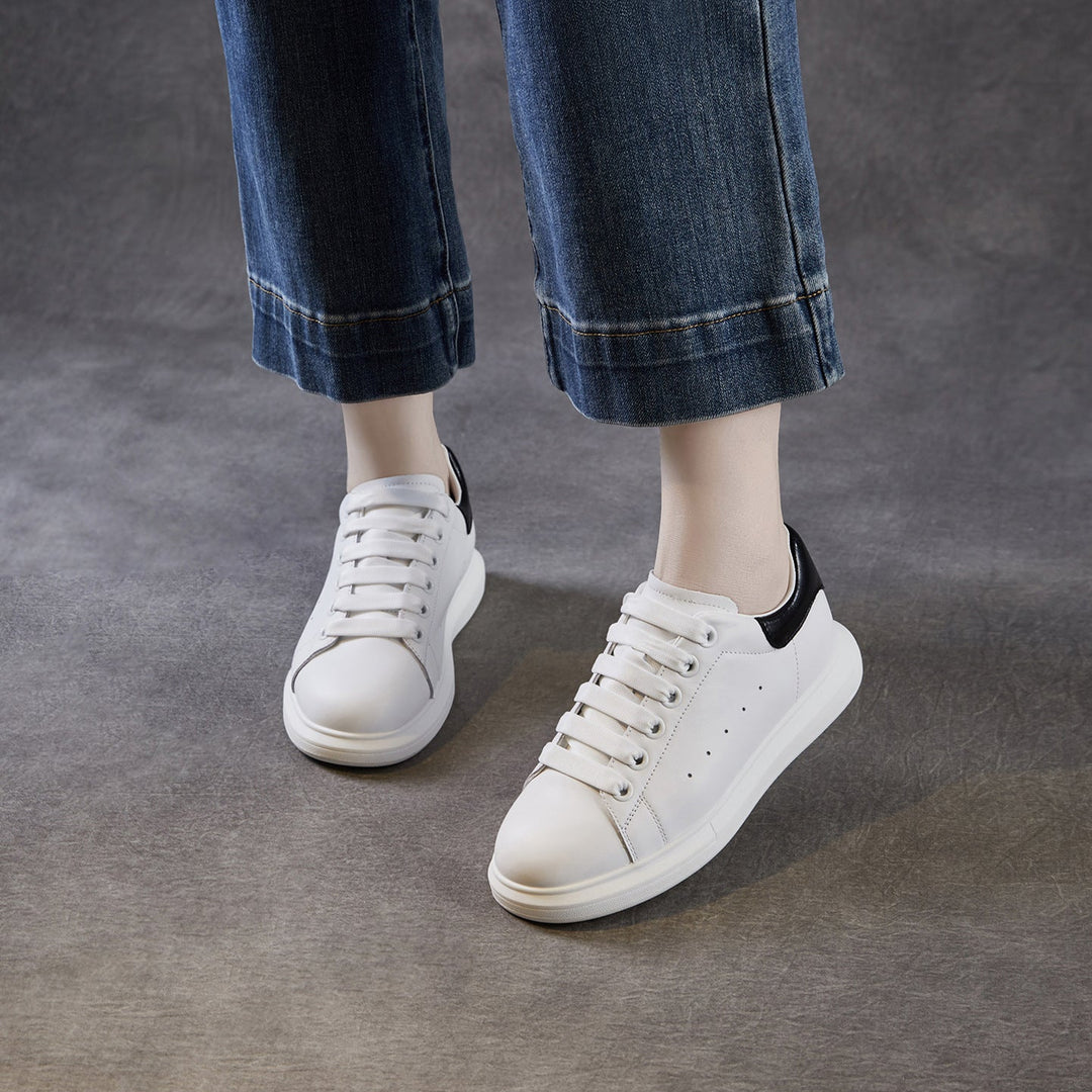 Women's Leather Casual Sneakers Spring Fall Round Toe Lace-up Platform Shoes