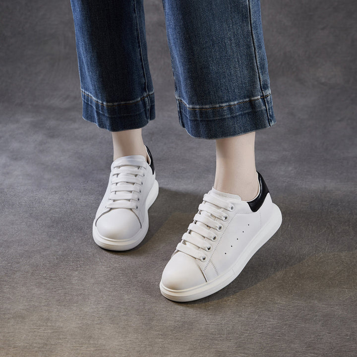 Women's Leather Casual Sneakers Spring Fall Round Toe Lace-up Platform Shoes