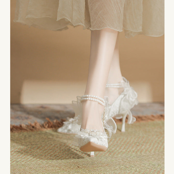 Lace Bow White High Heels Pearl Chain Wedding Party Women's Shoes