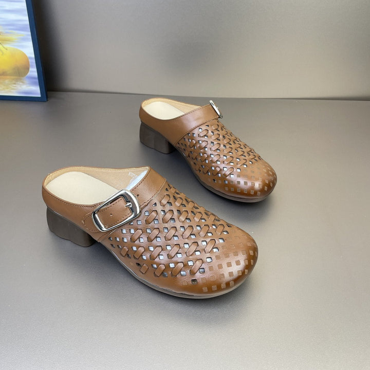 Women's Leather Woven Mules - Hollow Out Perforated Closed Toe Sandals Low Block Chunky Heel Slides with Buckle
