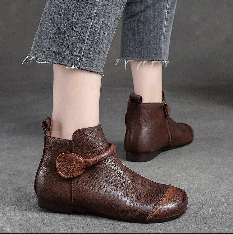 Women's Retro Leather Ankle Boots Vintage Round Toe Velcro Short Booties