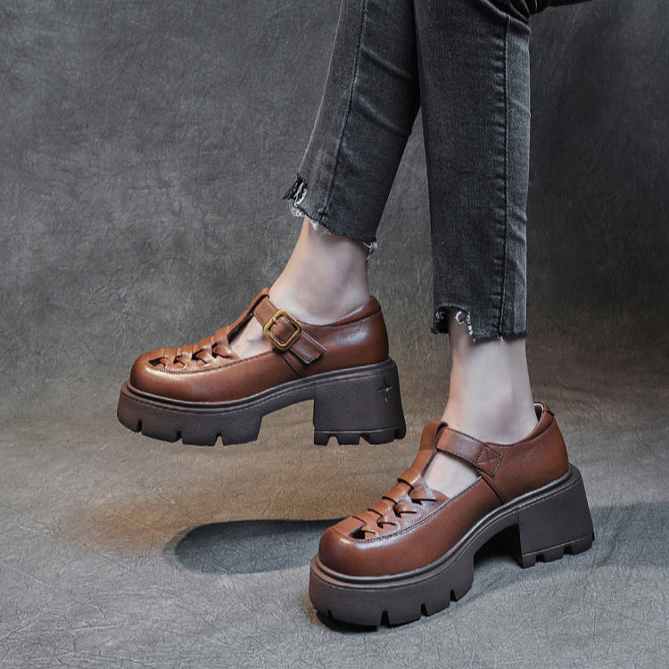 Women's Genuine Leather Fisherman Sandals - Chunky High Heel & Closed Toe Design