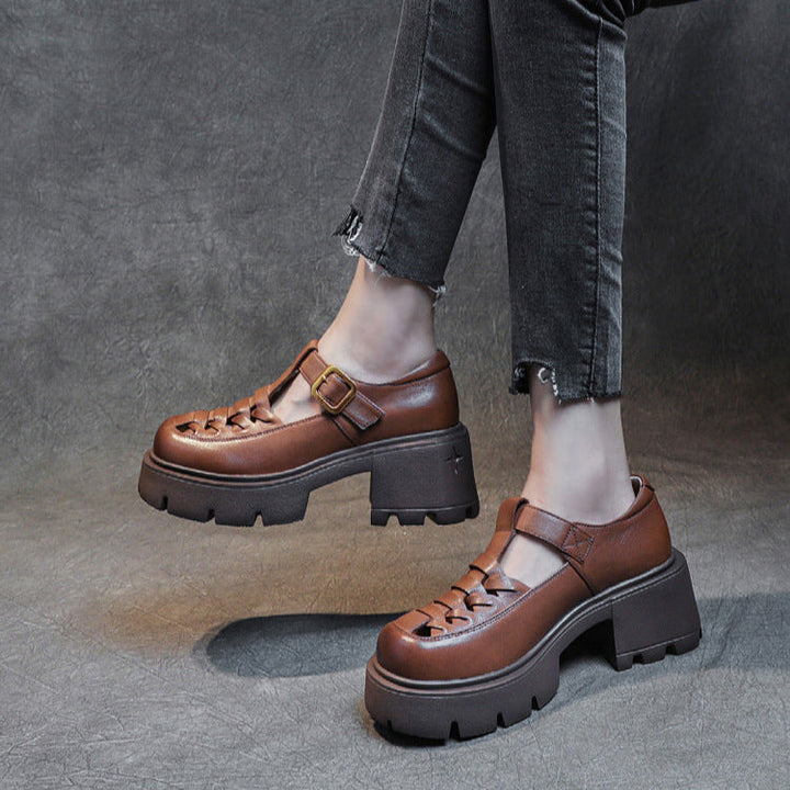 Women's Genuine Leather Fisherman Sandals - Chunky High Heel & Closed Toe Design