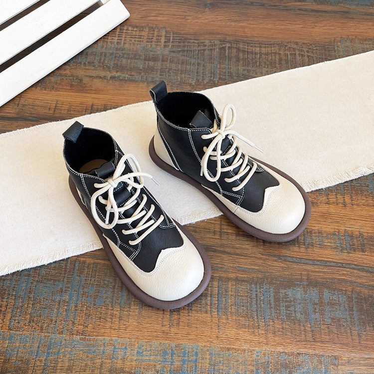 Women's Leather Lace-Up Ankle Shoes – Round Toe & Patchwork Design