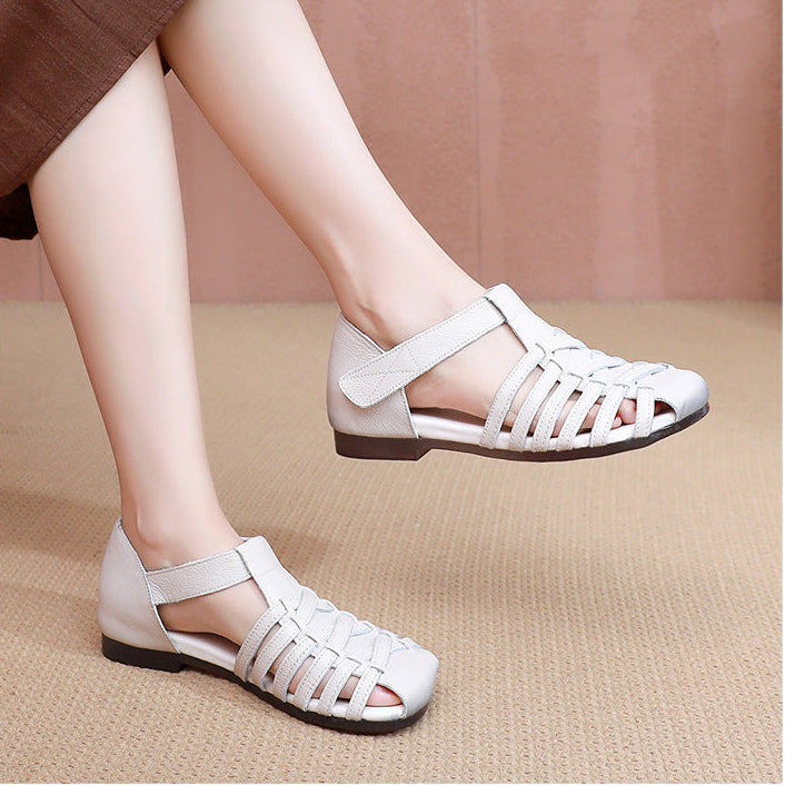 Women's Leather Fisherman Sandals Velcro Woven Summer Hollow-Out Casual Walking Flats