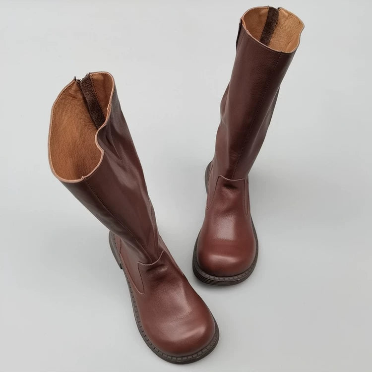 Wide-toe Box Handmade Genuine Leather Women's Mid Calf Boots Black Zipper