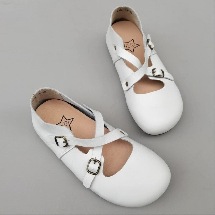 Women's Vintage Handmade Leather Shoes – Cross Strap, Buckle & Soft Sole