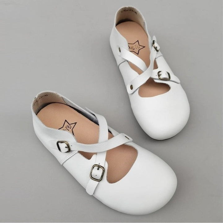 Women's Vintage Handmade Leather Shoes – Cross Strap, Buckle & Soft Sole