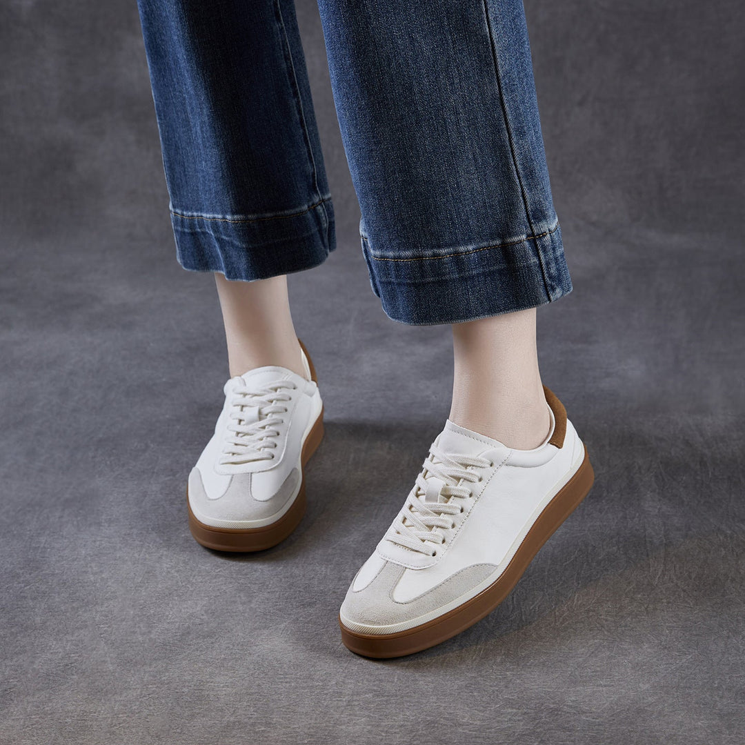 Womens Retro Cowhide Suede Patchwork Sneakers Vintage Round Toe Gum Sole Lace-up Flats