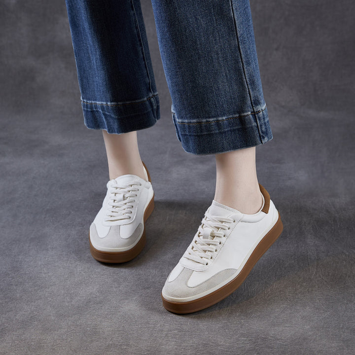 Womens Retro Cowhide Suede Patchwork Sneakers Vintage Round Toe Gum Sole Lace-up Flats