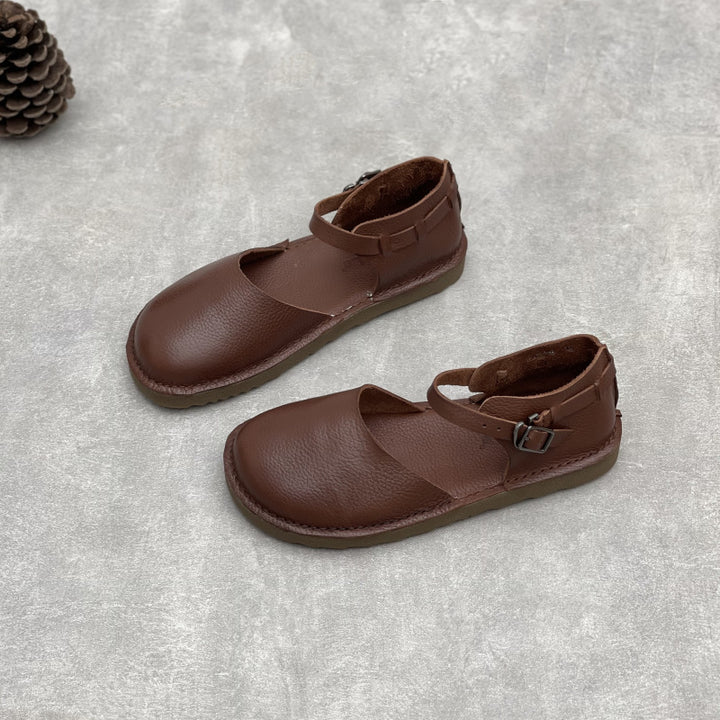 Women's Soft Leather Mary Janes - Round Toe Adjustable Ankle Buckle Strap Flat Sandals Casual Walking Shoes