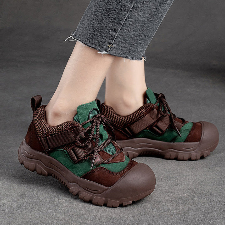 Women's Leather Colorblocking Big Head Lace Up Platform Casual Shoes