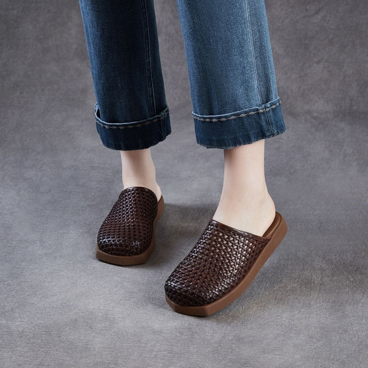 Women's Square Toe Woven Mules Genuine Leather Platform Slippers Barefoot-Friendly