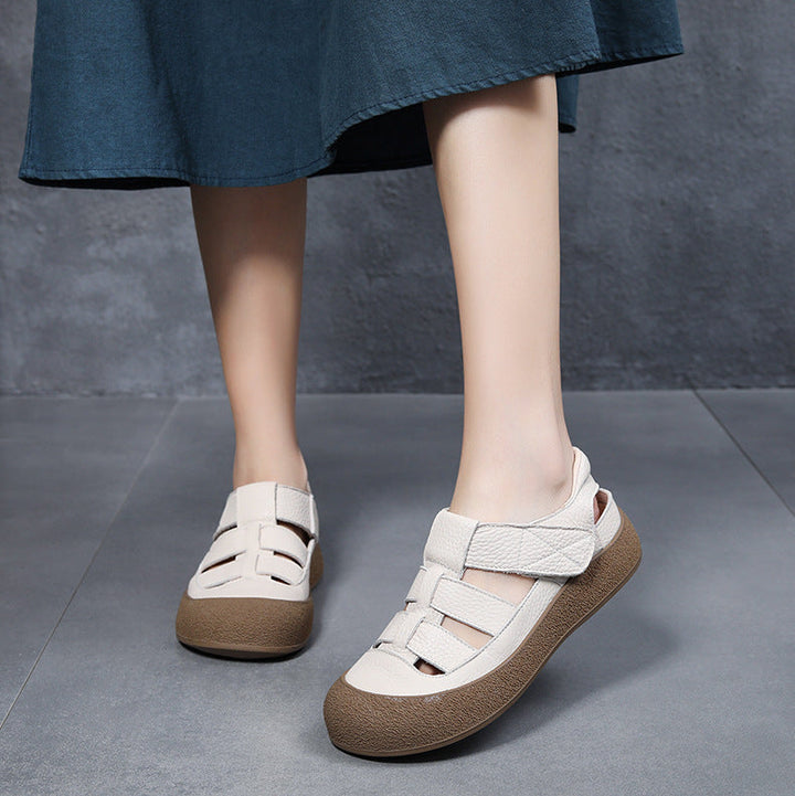 Women's Leather Sporty Fisherman Sandals - Closed Round Toe Casual Summer Walking Shoes with Velcro