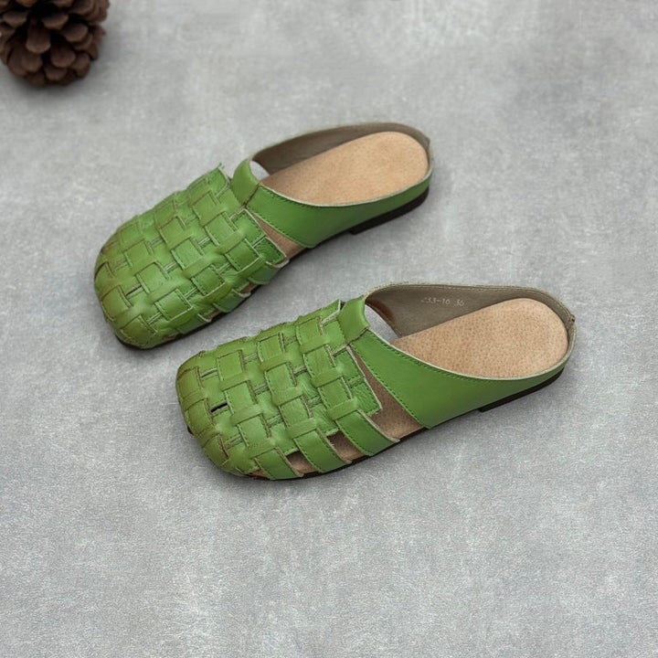 Women's Artisanal Square Toe Leather Woven Mules - Lightweight Unlined Flats