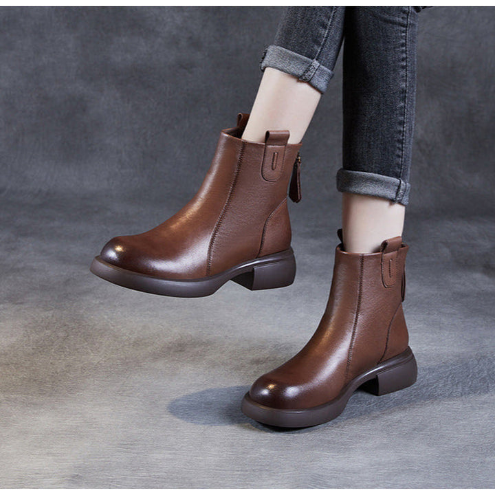 Women's Low Heel Casual Genuine Leather Boots with Back Zipper