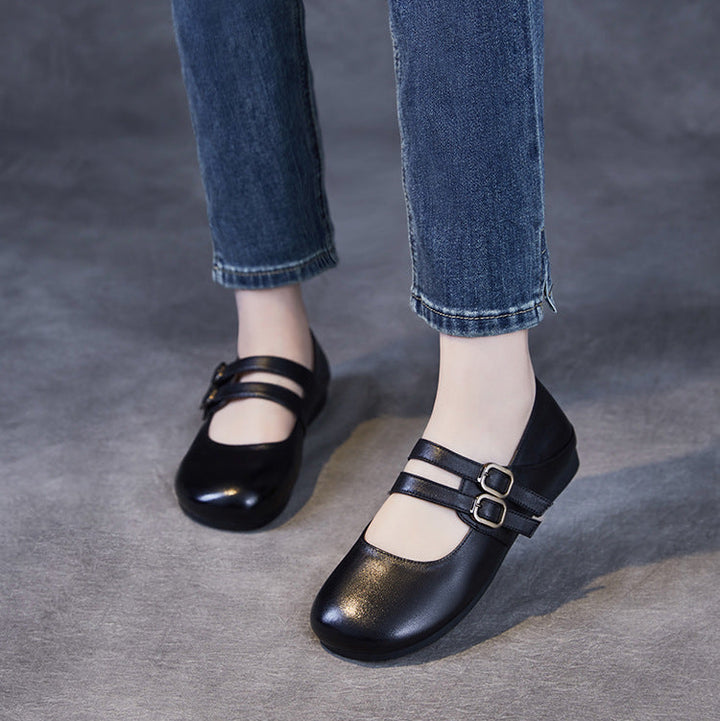 Rounded Toe Comfort Leather Flat Double Strap Mary Jane Women's Shoes