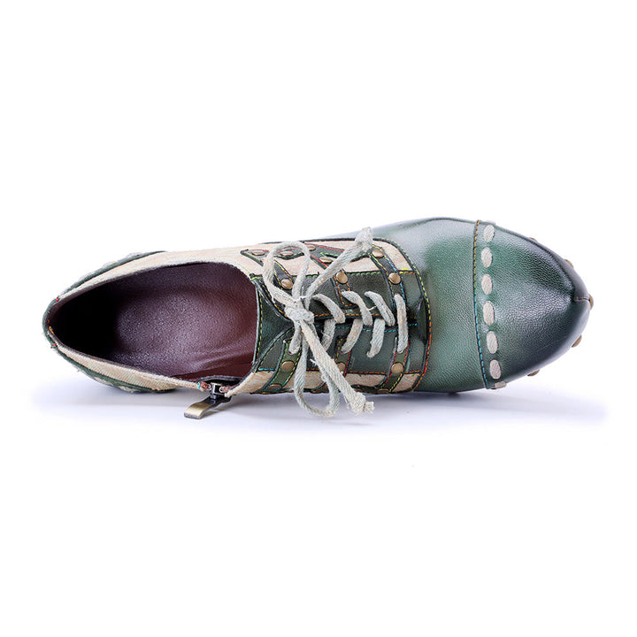 Vintage Inspired Leather Heeled Oxfords for Women - Studded Pointed Toe Lace-up Shoes
