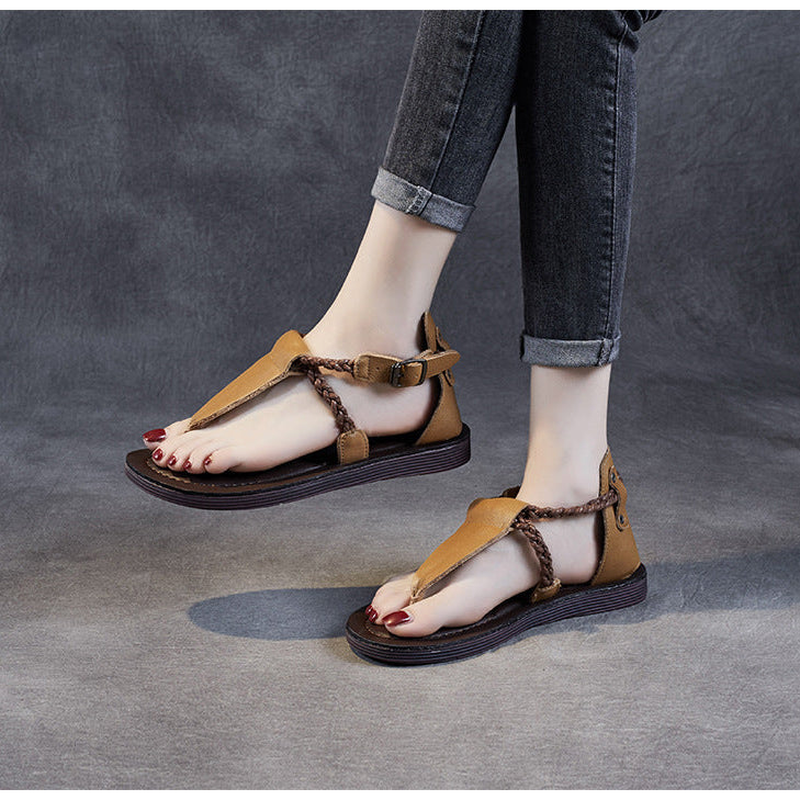 Women's Leather T-Strap Sandals - Vintage Braided Strappy Thong Flat Sandals Summer Buckle Slingback Shoes